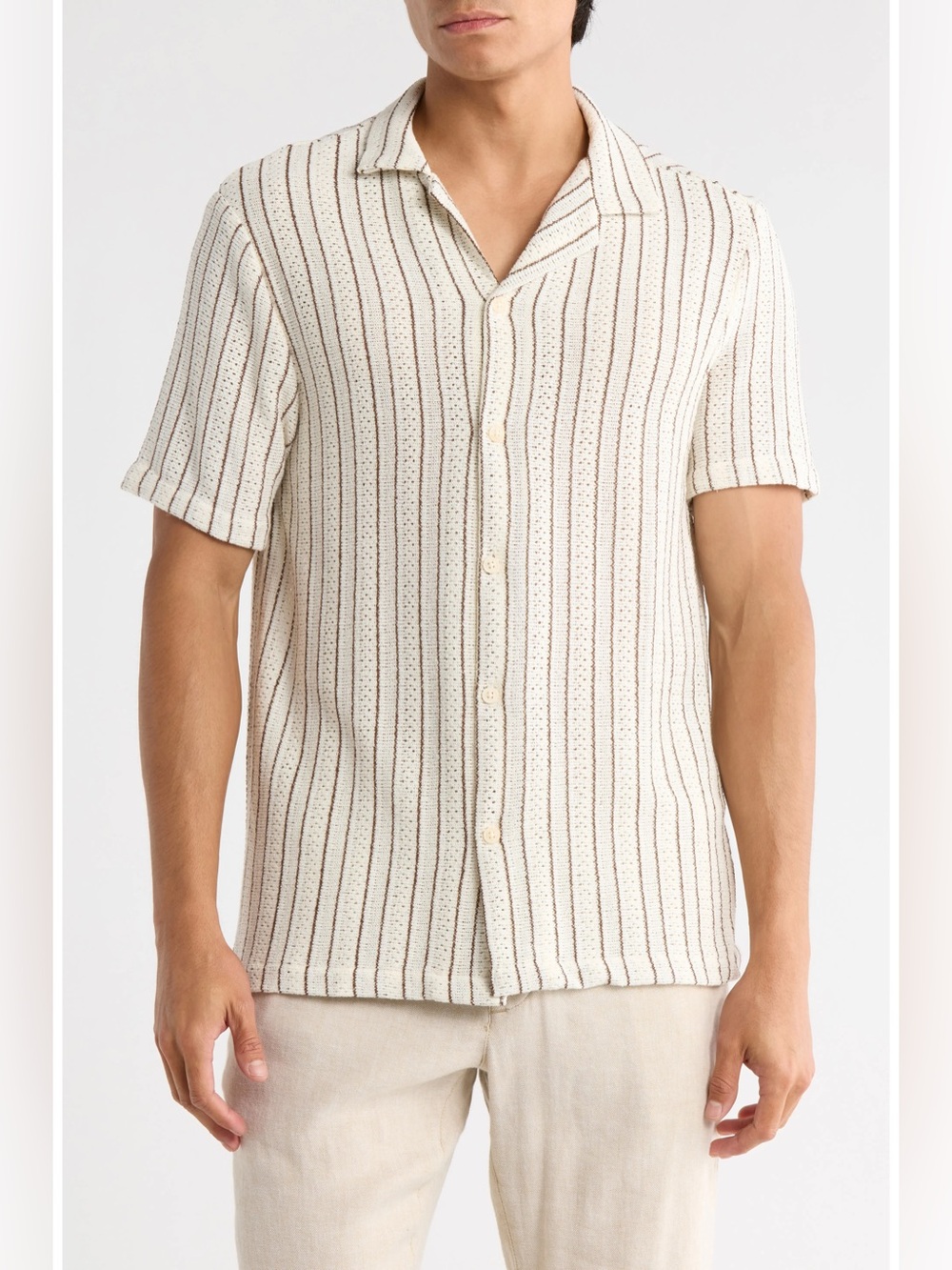 Cactus Man Ricky Singh Cream Shirt with Brown Stripe Knit Button-Down